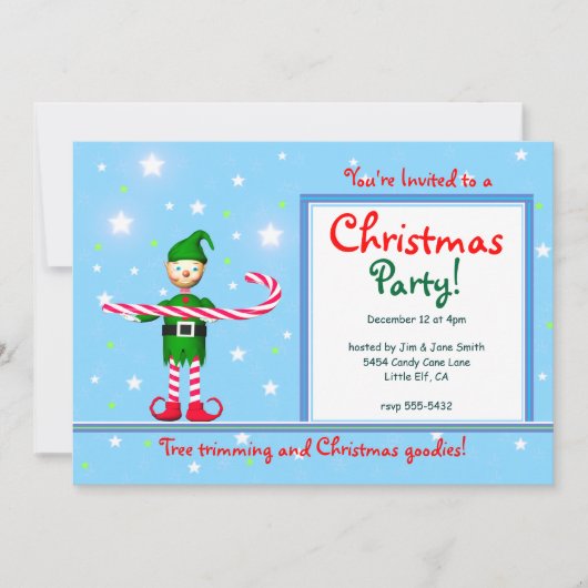 Blauw Kerstfeest Candy Cane Elf Kaart (Voorkant)