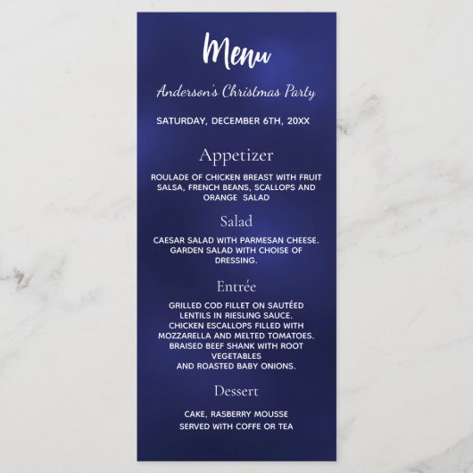 Blauw kerstfeest diner menu (Voorkant)