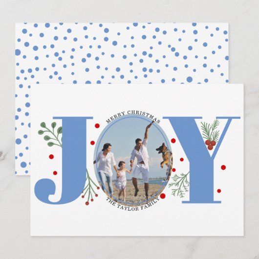 blauw Kerstfoto met bessen van Joy Feestdagenkaart (Voorkant / Achterkant)