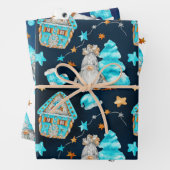  blauw kerstgenoom inpakpapier vel (In situ)