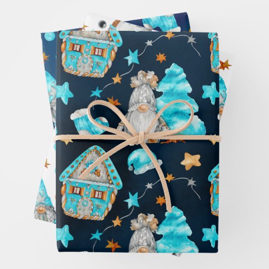 blauw kerstgenoom inpakpapier vel (In situ)