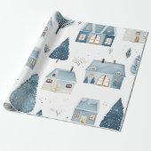 Blauw kersthuis en bomen cadeaupapier (Uitgerold)