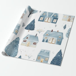 Blauw kersthuis en bomen cadeaupapier