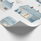 Blauw kersthuis en bomen cadeaupapier (Hoek)