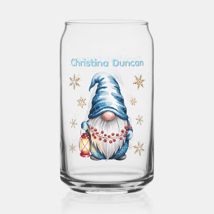 Blauw Kerstkabouter met Rode Lantaarn Bessen Blikvorm Glas