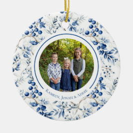 Blauw kerstkransornament met hulst motief keramisch ornament