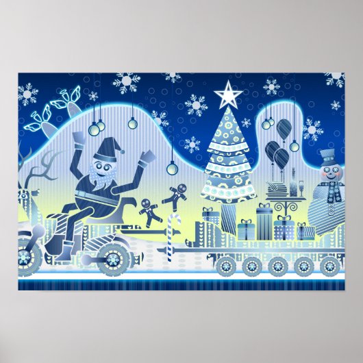 Blauw Kerstman Sneeuwman Poster Boom (Voorkant)
