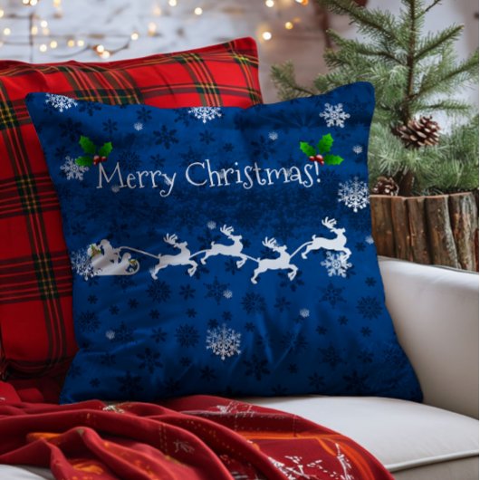 Blauw kerstmannens slee en rendier worp kussen