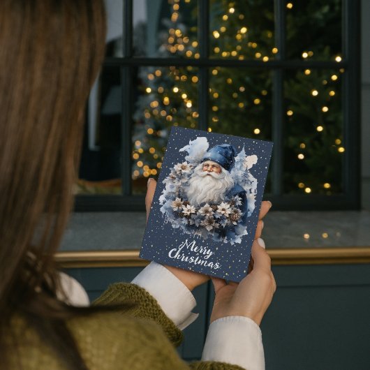 Blauw Kerstmannetje Aanpasbaar Vintage Feestdagenkaart