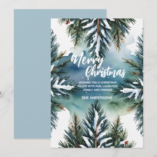 Blauw Kerstmis bomen top bos dennenboom  Feestdagenkaart (Voorkant / Achterkant)