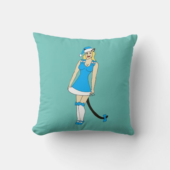 Blauw Kerstmis catgirl Kussen (Voorkant)