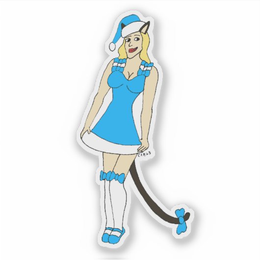 Blauw Kerstmis catgirl Sticker (Voorkant)