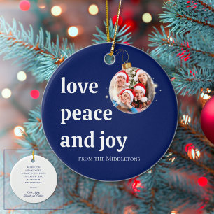 Blauw Kerstmis Familie Foto Liefde Vrede Vreugde V Keramisch Ornament