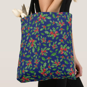 Blauw Kerstmis groene hulstblaadjes en rode bessen Tote Bag