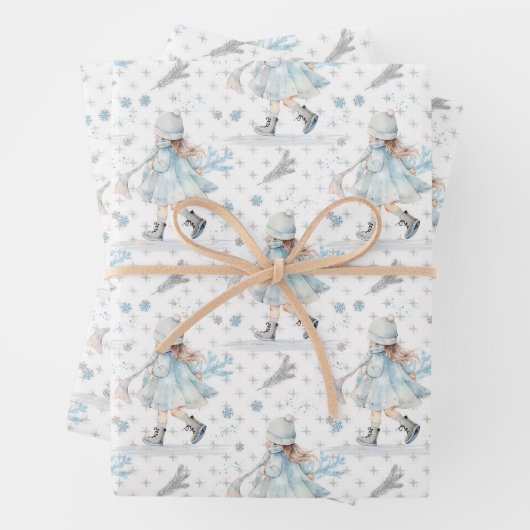 Blauw Kerstmis klein meisje Inpakpapier Vel (In situ)