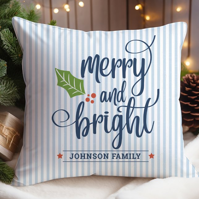 Blauw Kerstmis met Merry and Bright aanpasbaar Kussen (Creator heeft geüpload)