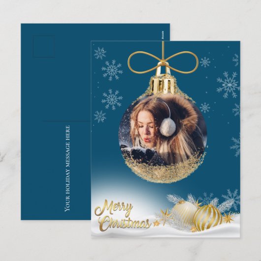 Blauw Kerstmis Ornament Foto Sneeuwvlokken Modern Feestdagenkaart (Voorkant / Achterkant)