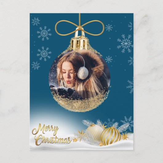 Blauw Kerstmis Ornament Foto Sneeuwvlokken Modern Feestdagenkaart (Voorkant)