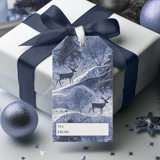 Blauw Kerstmis Rendier Patroon # 13 ID1009 Cadeaulabel
