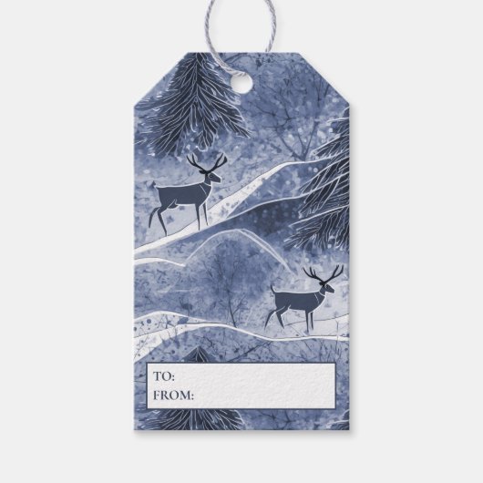 Blauw Kerstmis Rendier Patroon # 13 ID1009 Cadeaulabel (Voorkant)