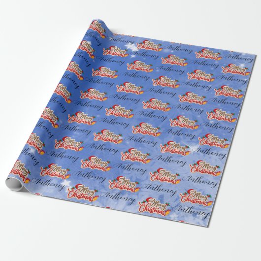 Blauw Kerstmis Script Met Aangepaste Naam Cadeaupapier (Uitgerold)