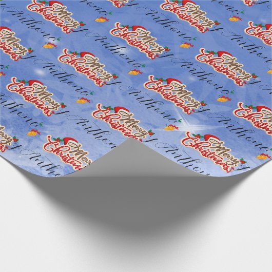 Blauw Kerstmis Script Met Aangepaste Naam Cadeaupapier (Hoek)