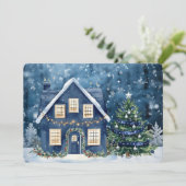 Blauw Kerstmis Sneeuw Winter Scene Huis (Staand voorkant)