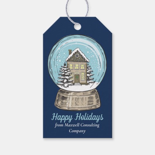 Blauw Kerstmis Sneeuwbol Vakantiefeest Cadeaulabel (Voorkant)