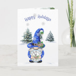 Blauw Kerstmis Winterkabouter met Klok Feestdagen Kaart