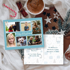 Blauw Kerstmis Zes Familie Foto's Bericht Ansichtk Feestdagenkaart