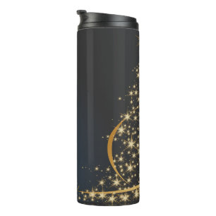 Blauw kerstmotief met gouden kerstboom thermosbeker