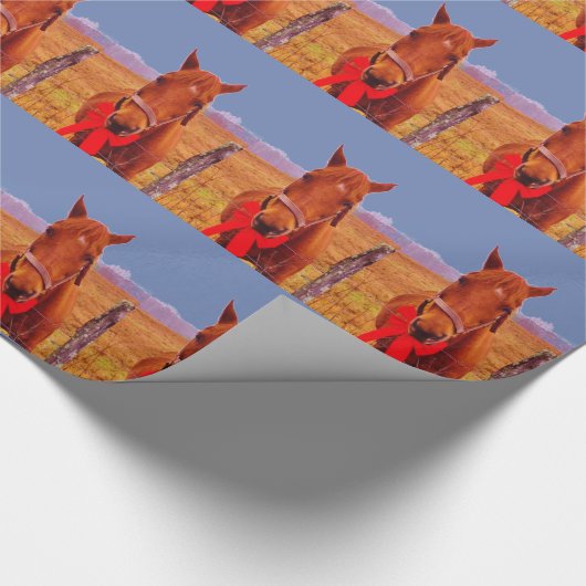 Blauw:Kerstpaard met rode boog en uitzetting Cadeaupapier (Hoek)