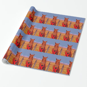 Blauw:Kerstpaard met rode boog en uitzetting Cadeaupapier