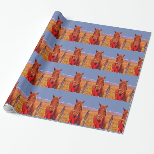 Blauw:Kerstpaard met rode boog en uitzetting Cadeaupapier (Uitgerold)