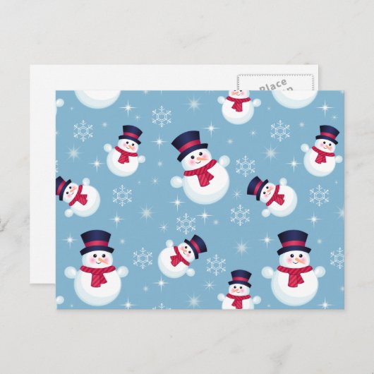 Blauw kerstpatroon met sneeuwpoppen en sneeuwvlokk feestdagenkaart (Voorkant / Achterkant)