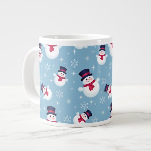 Blauw kerstpatroon met sneeuwpoppen en sneeuwvlokk grote koffiekop (Links)
