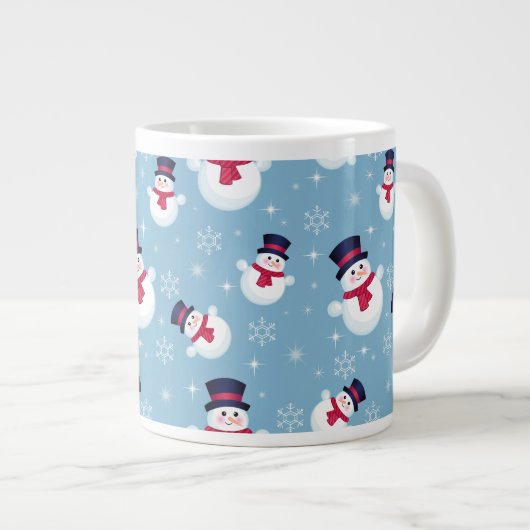 Blauw kerstpatroon met sneeuwpoppen en sneeuwvlokk grote koffiekop (Voorkant rechts)
