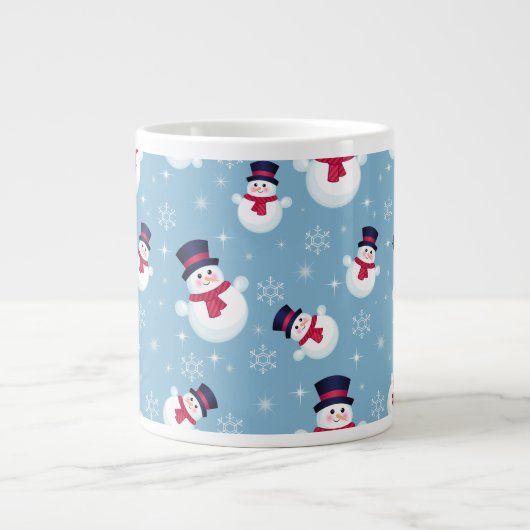 Blauw kerstpatroon met sneeuwpoppen en sneeuwvlokk grote koffiekop (Voorkant)
