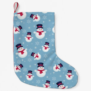 Blauw kerstpatroon met sneeuwpoppen en sneeuwvlokk kleine kerstsok