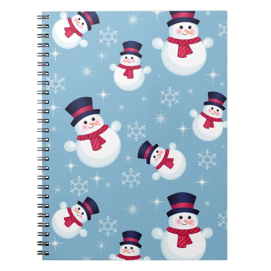 Blauw kerstpatroon met sneeuwpoppen en sneeuwvlokk notitieboek (Voorkant)