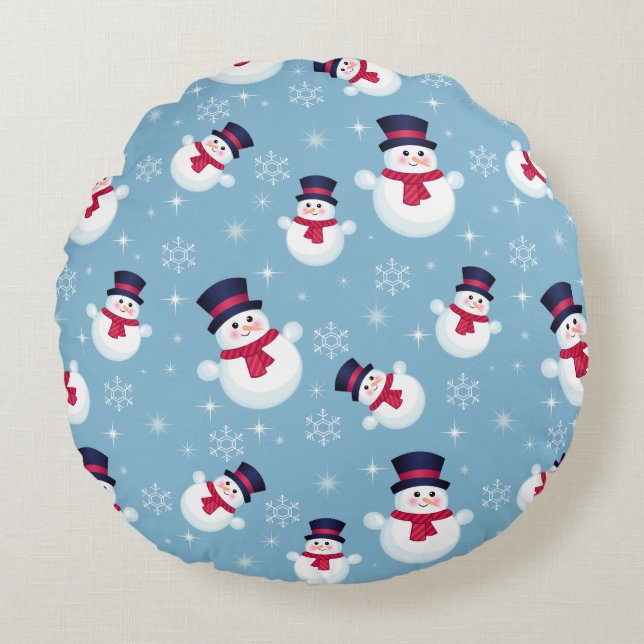 Blauw kerstpatroon met sneeuwpoppen en sneeuwvlokk rond kussen (Voorkant)