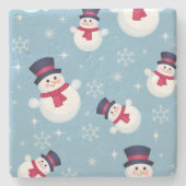 Blauw kerstpatroon met sneeuwpoppen en sneeuwvlokk stenen onderzetter (Voorkant)