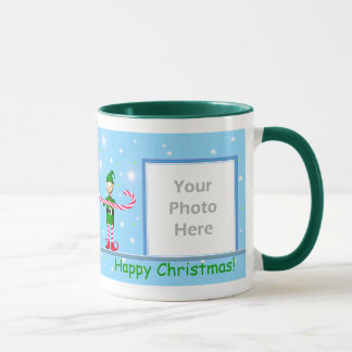 Blauw kerstsnoepriet Elf 2-foto-Lijst Mok