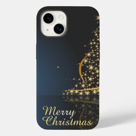 Blauw kerstthema met gouden kerstboom Case-Mate iPhone case (Achterkant)