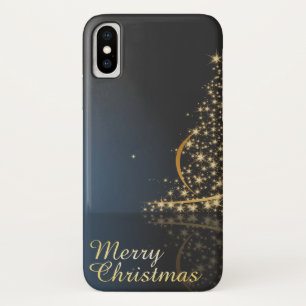 Blauw kerstthema met gouden kerstboom Case-Mate iPhone case