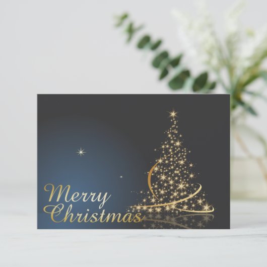 Blauw kerstthema met gouden kerstboom kaart (Staand voorkant)