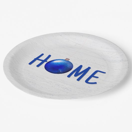 Blauw kerstversiering met thuistekst papieren bordje (Gekanteld)