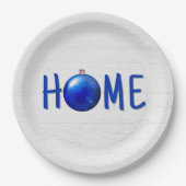 Blauw kerstversiering met thuistekst papieren bordje (Voorkant)