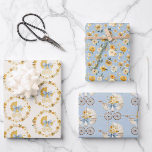Blauw kinderwagen bloemenset baby shower cadeauver inpakpapier vel