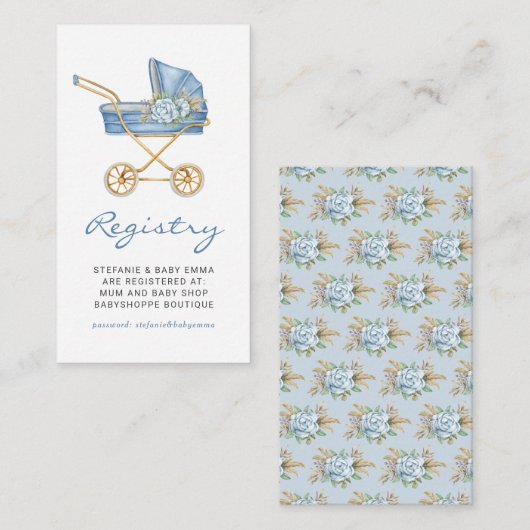 Blauw  kinderwagen Floral Baby shower Registry Informatiekaartje (Voorkant / Achterkant)